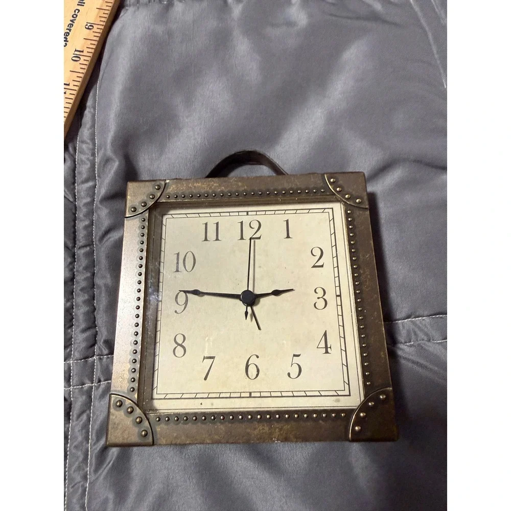Pottery Barn Square Metal Rivet Wall Tabletop Clock Bronze Industrial Vintage
